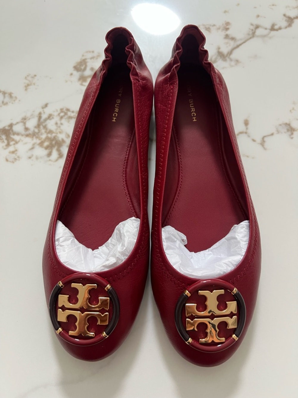 Tory Burch Burgundy Leather Logo Ballet Flats